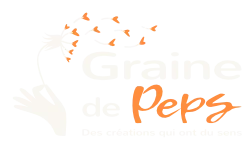 Logo Graine de Peps avec pissenlit et graines qui s'envolent, symbolisant croissance et développement personnel.